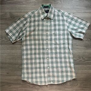 Allen Solly Men’s 100% Cotton Green Cream Plaid Short Sleeve Button Down Size 38